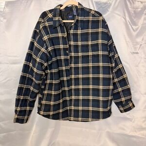 Basic Editions Mens XL Quilted Flannel Shirt Jacket Navy Blue Plaid‎ Shacket